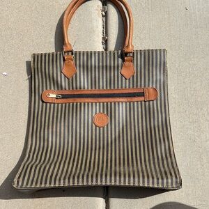 Fendi Brown and Black Striped Leather-Trim Tote